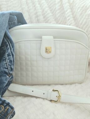 Authentic CELINE Macadam Quilted‎ White Leather Shoulder Crossbody Travel Bag